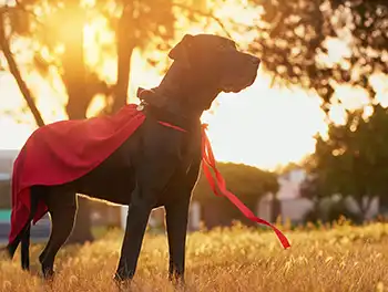 Hund mit einem roten Cape