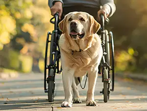 Assistenzhund begleitet den Rollstuhlfahrer