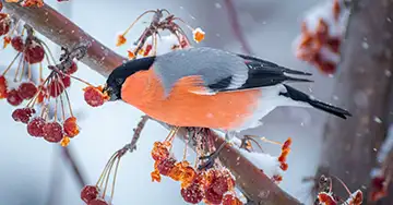 Gimpelmännchen sitzt im Vogelbeerenstrauch