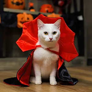 eine weiße Katze trägt einen schwarz-roten Vampirumhang