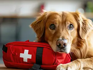 Wie sieht die Hundeapotheke für unterwegs aus? Hund sitzt vor dem Verbandskoffer