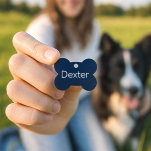 Besuche uns am 31.05. auf der Bello in Dorsten! Frau hält die persönliche Hundemarke in der Hand, im Hintergrund ihr Hund