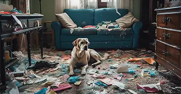 Ein Hund in einem chaotischen Raum mit einem Sofa und vielen Papierschnipseln.