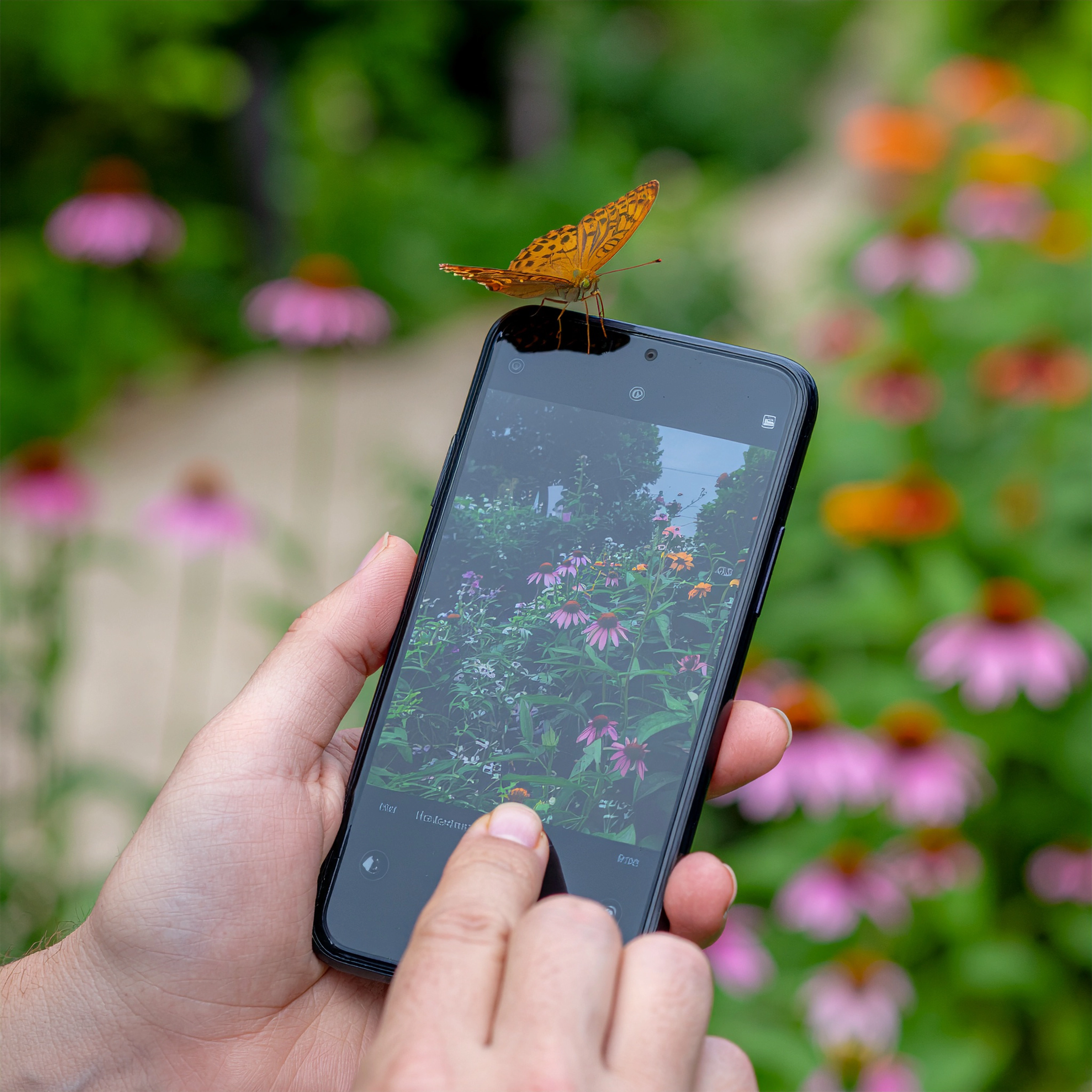 Nahaufnahme eines Handys beim Fotografieren eines Schmetterlings