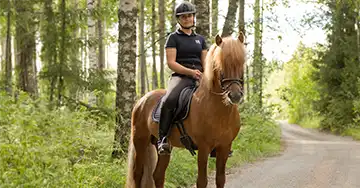eine Reiterin mit Pferd auf einem Weldweg
