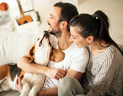 Jundes Pärchin sitzt mit dem Hund auf der Couch