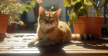 Katze liegt auf der Terrasse in der Sonne